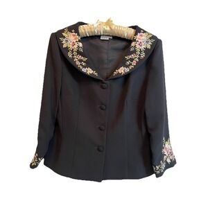 Maggy L Evening 2 Pc Business Suit Skirt Set Black Embroidered Flowers Lined 12